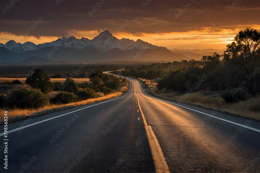 Fototapeta premium Highway towards mountains at sunset