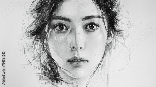 Realistic black and white sketch of a beautiful chinese female, Facial features