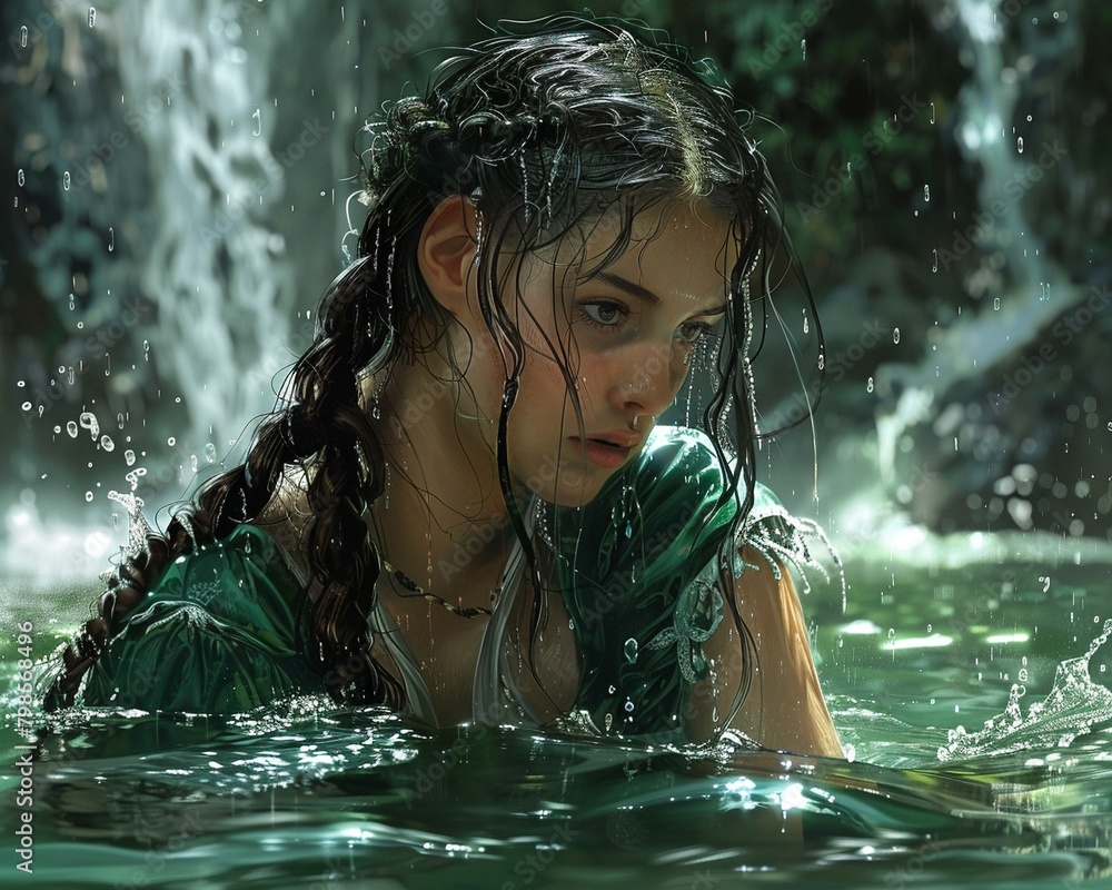 Fototapeta premium a girl with dark hair in green Scottish medieval clothes swims in a lake near a waterfall dark fantasy art