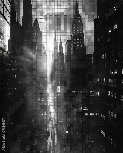 A black and white photograph of downtown New York City, dynamic lighting in the style of contemporary photographer Ralph Mercer using a mosaic style photo