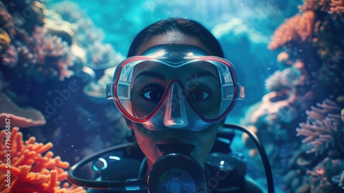 The picture of the diver is diving in the sea or ocean and wearing goggles and snorkel, the diver require skills like knowledge of the diving equipment and gear, buoyancy control and training. AIG43.