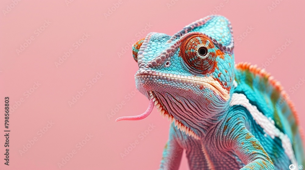 Obraz premium Chameleon shooting out his tongue, pastel pink background