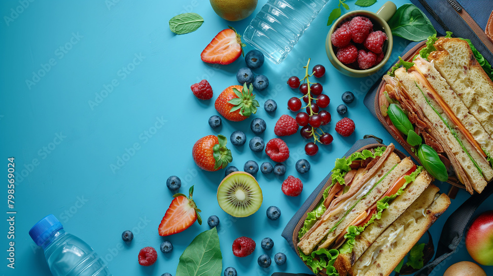 A nourishing school break scene from above, displaying a lunchbox with sandwiches accompanied by fruits, berries, water bottle and rucksack on blue isolated backdrop, perfect for text or advertising.