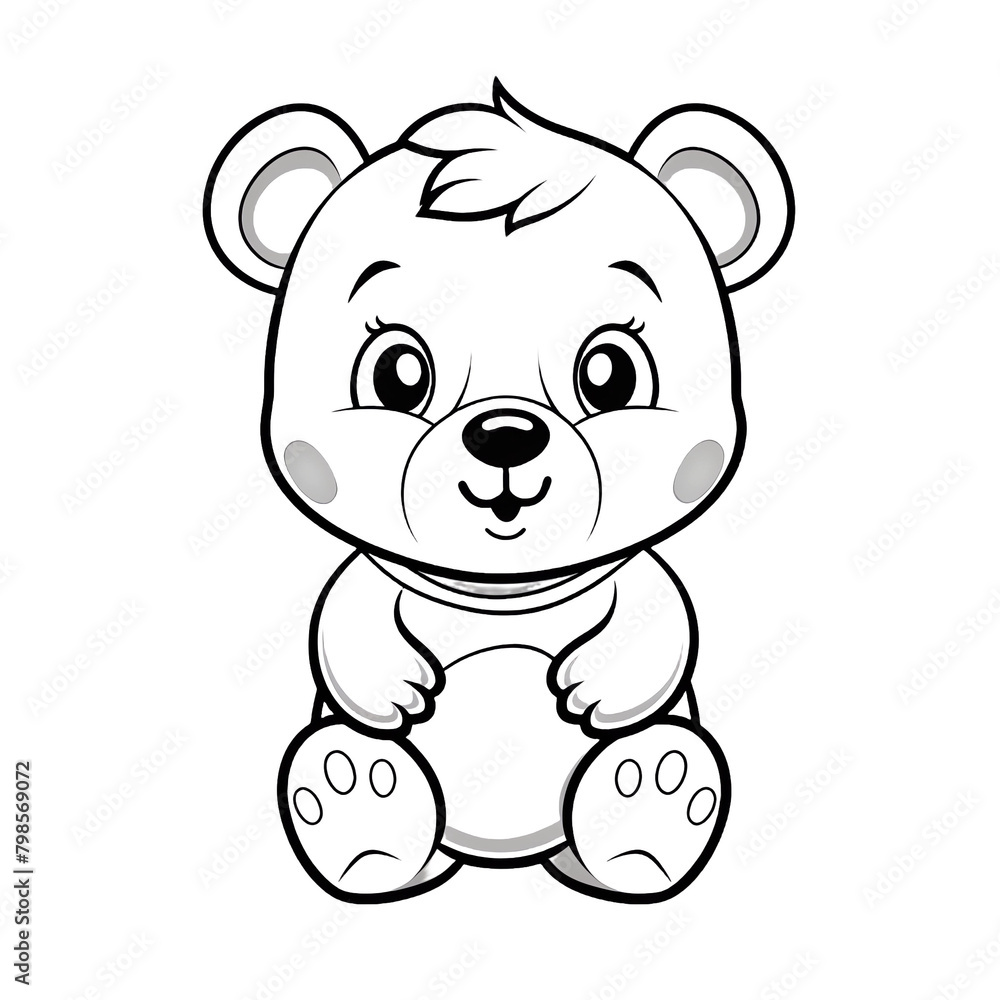 Cute bear cartoon character in the simple line art style, black and white coloring page for kids Cute bear cartoon character in the simple line art style, black and white coloring page for kids
