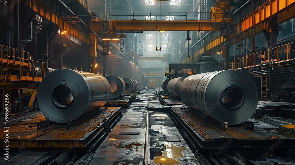 Big rolls of steel in factory. Image of industry factory. copy space for text. Big rolls of steel in factory. Image of industry factory. copy space for text.