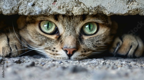Eyes of a cat from under an obstacle