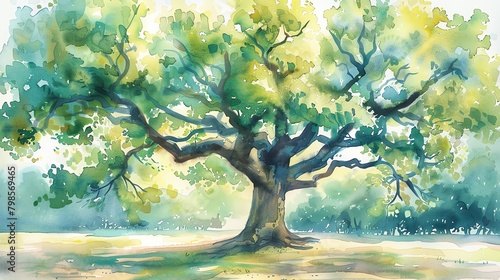 Watercolor illustration of a big, leafy tree in a park setting, designed for book covers or environmental awareness campaigns photo