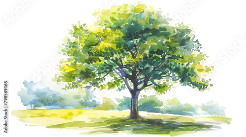Watercolor illustration of a big, leafy tree in a park setting, designed for book covers or environmental awareness campaigns