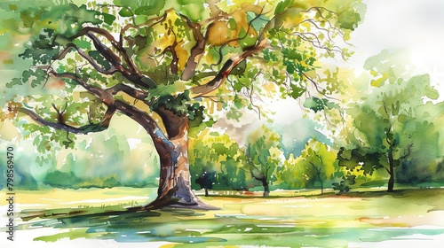 Watercolor illustration of a big  leafy tree in a park setting  designed for book covers or environmental awareness campaigns