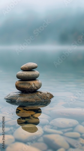 a stack of smoothe pebble stones by a serene lake