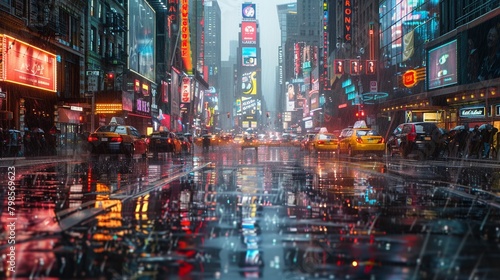 bustling city street, rainy day, reflective surfaces , high resolution