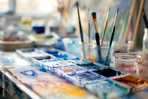 Watercolor artists workspace with a focus on glass palettes and wet brushes, demonstrating the art process in a bright setting