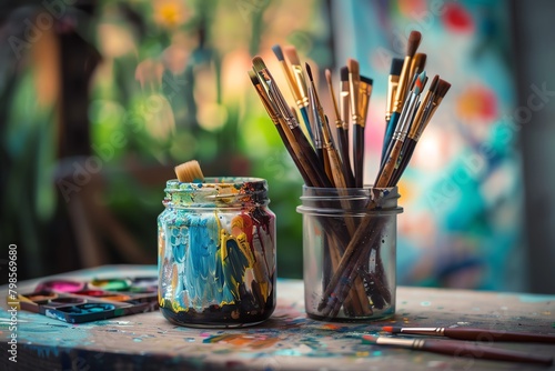 Creative stock photo of a watercolor set and glass jar for brushes, focusing on the interaction of light and color