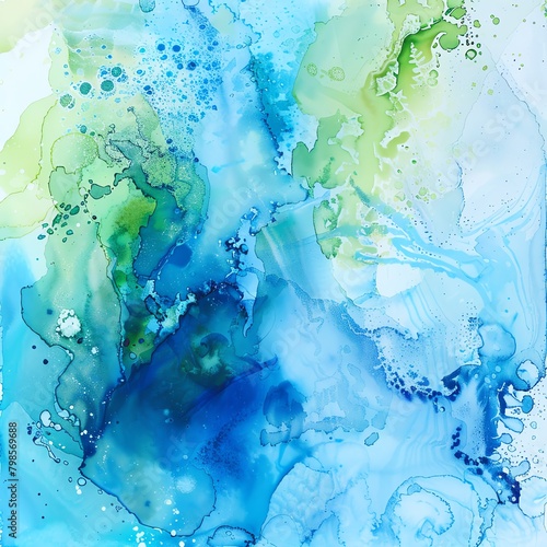 Closeup of a vibrant watercolor painting with a glass theme  showcasing vivid blue and green hues  isolated on a white background