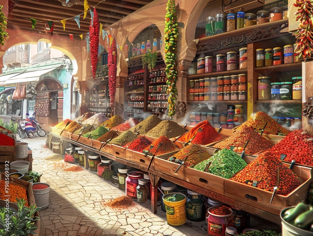 bustling marketplace, vibrant spices, lively interactions , Stable Diffusion
