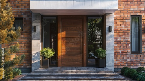 Brick House Modern Wooden Front Door, beautiful house. copy space for text. © Naknakhone