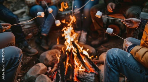 A group of friends toasting marshmallows over a campfire photo