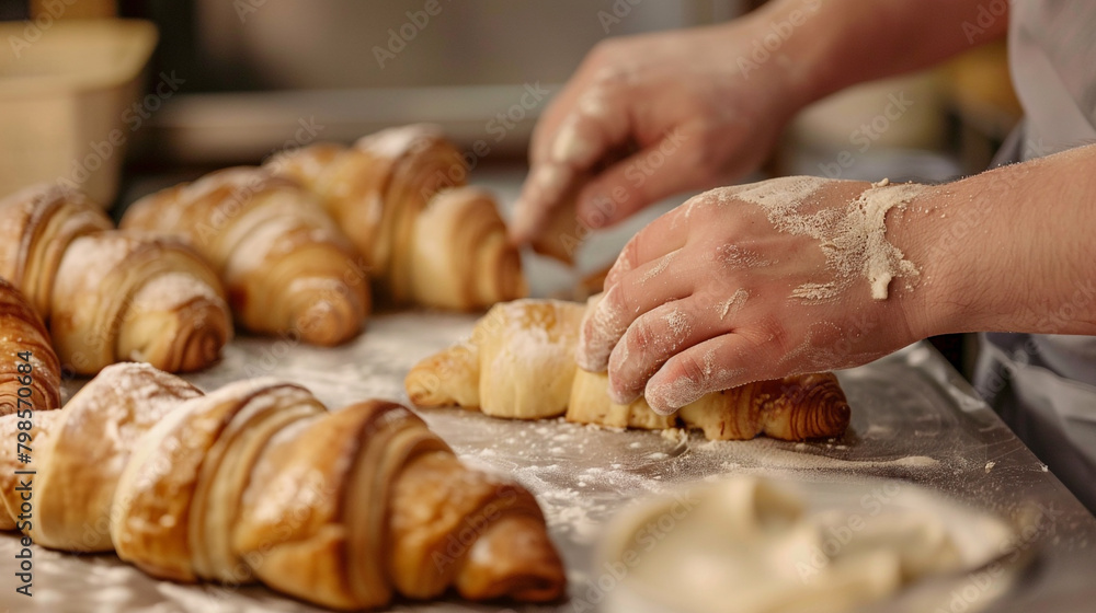 A baker's hands expertly shaping layers of buttery croissant dough into delicate crescent shapes, with the process 