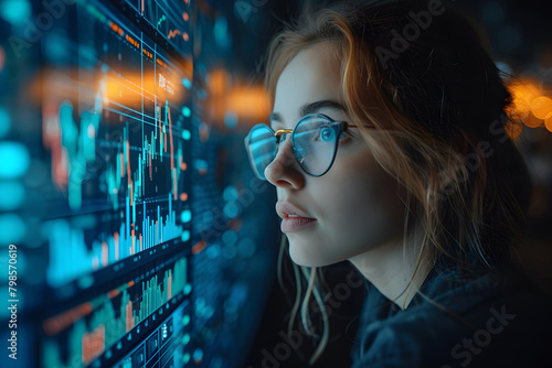 Analyst Financial, Business Technology Concept, Professionals analyzing financial data, with graph and statistics visible, in a busy office setting