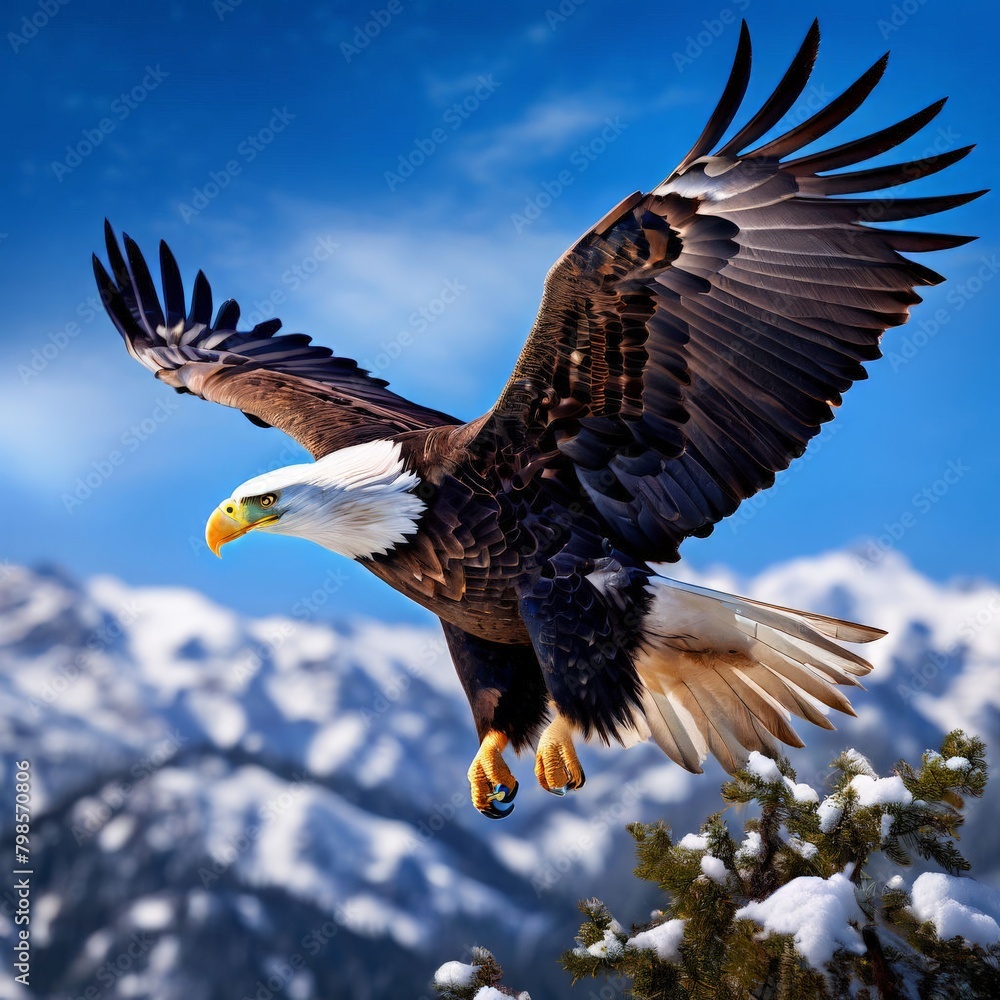 Obraz premium Bald Eagle (Haliaeetus leucocephalus) flying in the snow. AI generated