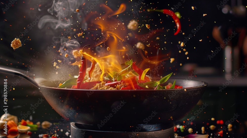 Freeze Motion of Wok Pan with Flying Ingredients in the Air and Fire Flames. Freeze Motion of Wok Pan with Flying Ingredients in the Air and Fire Flames.