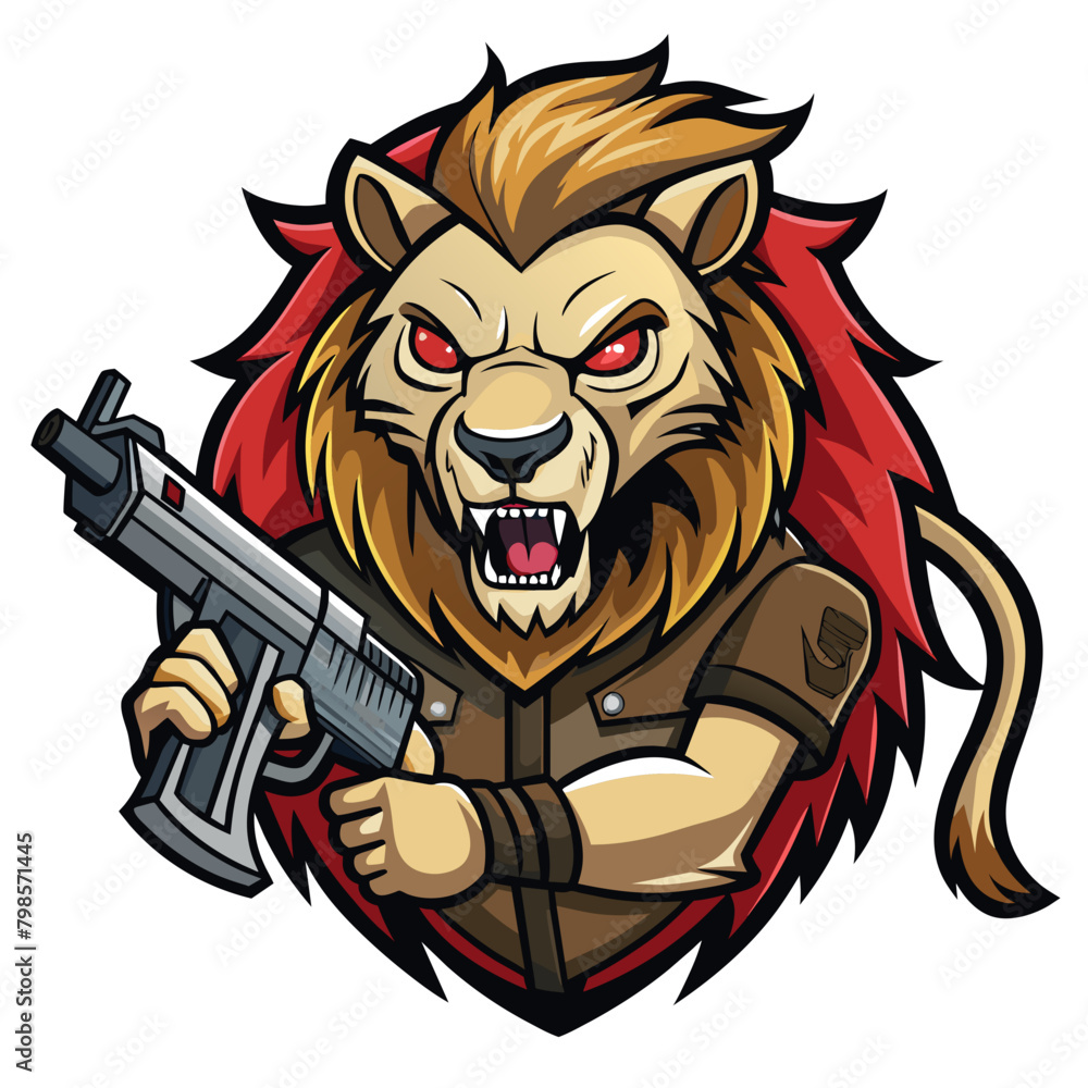 Lion with a gun, depicting a sinister and unsettling atmosphere perfect for a horror-themed sticker