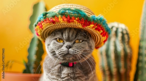 Funny gray cat in a Mexican sambrerro hat on his head. The cat's muzzle is unhappy. In the background yellow background green cacti. Funny pets. Scottish Fold cat. Pet dressing. Traveling with a pet