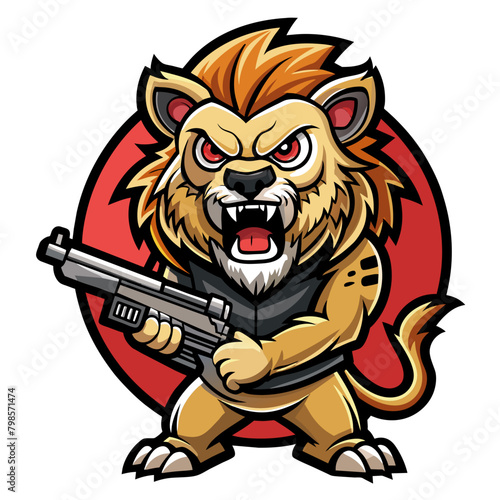 Lion with a gun, depicting a sinister and unsettling atmosphere perfect for a horror-themed sticker