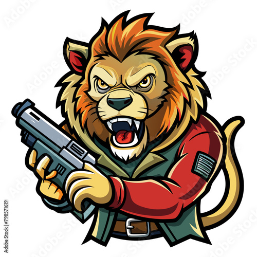 Lion with a gun, depicting a sinister and unsettling atmosphere perfect for a horror-themed sticker