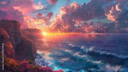 dramatic cliffside sunset, ocean crashing below, vivid colors , Stable Diffusion photo