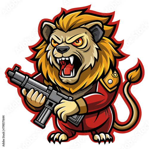 Lion with a gun, depicting a sinister and unsettling atmosphere perfect for a horror-themed sticker