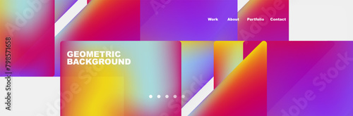 A vibrant geometric pattern featuring squares and triangles in shades of purple, violet, pink, and electric blue on a white background