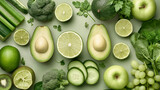 Green fruit and vegetables on green background.