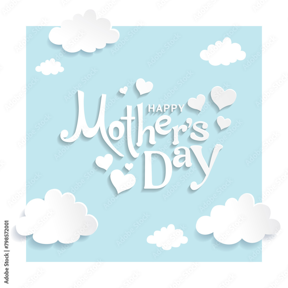 Happy Mother's Day card with clouds and hearts. Vector illustration.