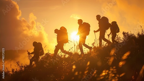 A group of five people are hiking up a hill at sunset. They are all wearing backpacks and carrying hiking poles. The sun is setting behind them and the sky is a bright orange color