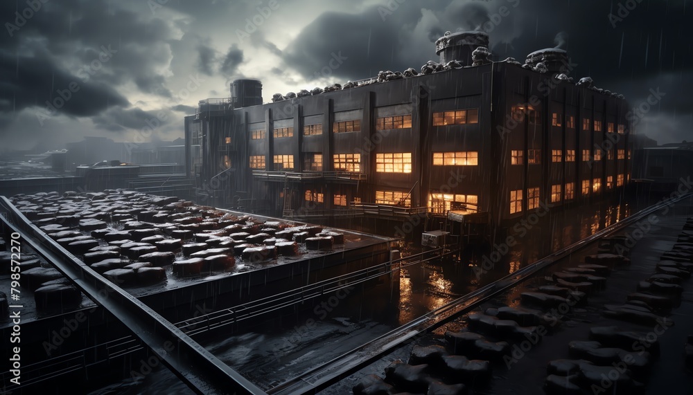 Fototapeta premium Capture a menacing, towering food factory under a dark, stormy sky, presenting a dystopian twist on culinary arts through drone photography, emphasizing the grandeur and gloom of the setting