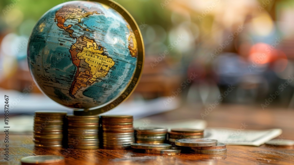 Globe and stack with coins. Money makes the world go round Globe and stack with coins. Money makes the world go round