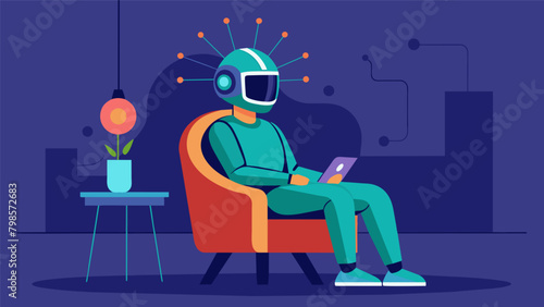 A person sitting in a chair their head encased in a futuristic helmet as genetic engineering works to repair and strengthen damaged neural pathways..