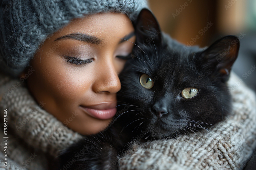 A sleek black cat curled up contentedly in its owner's lap, purring softly as they share a quiet moment of companionship on the sofa. A sleek black cat curled up contentedly in its owner's lap, purring softly as they share a quiet moment of companionship on the sofa.