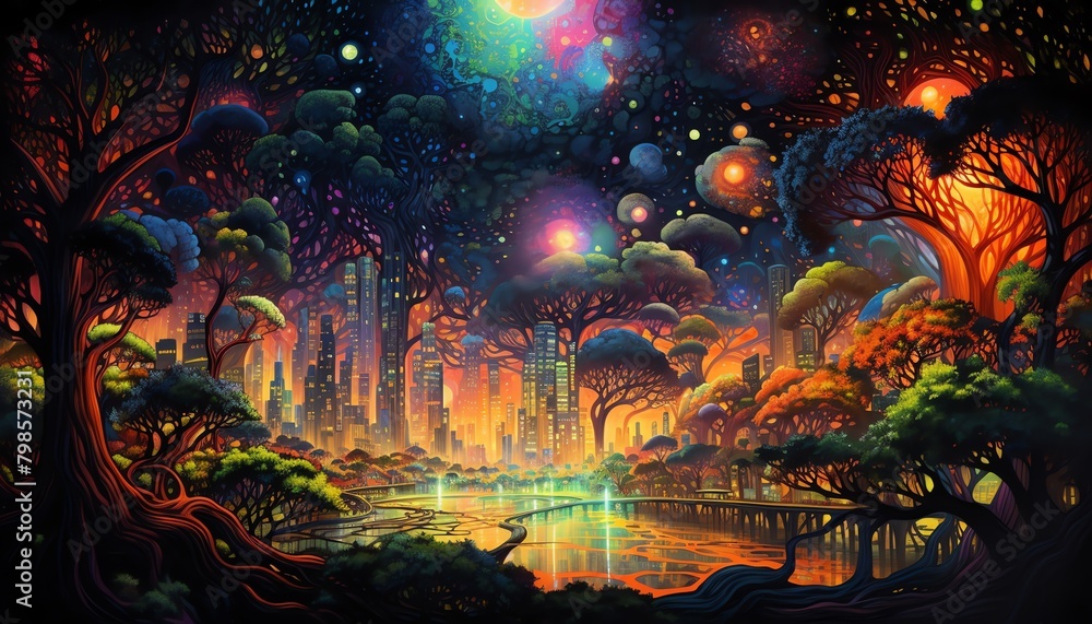 Fototapeta premium Craft an oil painting of a dreamlike aerial view showcasing a mystical forest with neon glowing trees, merging with a bustling cityscape below Embrace iridescent colors and twisted perspectives for a