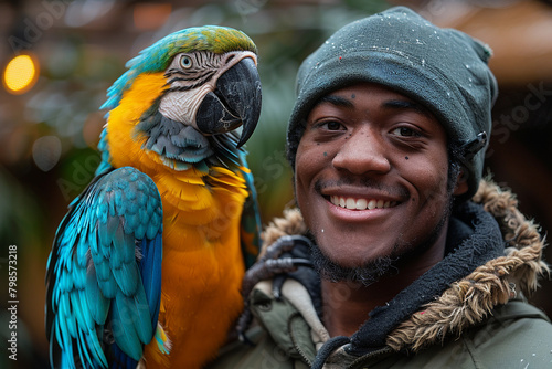 A playful parrot perched on its owner's shoulder, their shared laughter and lively banter a testament to the strong bond forged between human and feathered friend.