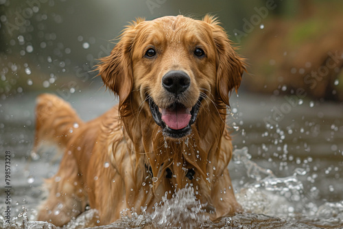 A joyful golden retriever splashing in a stream, its owner laughing as they watch the playful antics of their beloved canine companion.