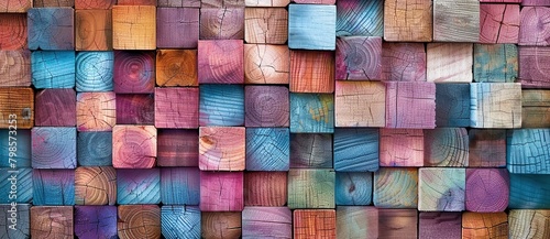 Colorful Background of Wooden Blocks Arranged in Intricate Pattern