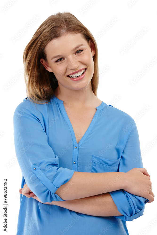 Woman, smile and studio with arms crossed in portrait with teenager in Germany for happiness or confidence. Style, inspiration and positive attitude isolated on white background with pride for youth Woman, smile and studio with arms crossed in portrait with teenager in Germany for happiness or confidence. Style, inspiration and positive attitude isolated on white background with pride for youth