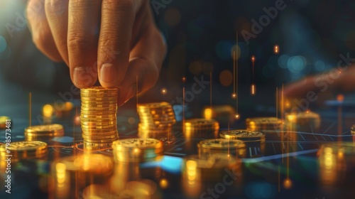 Man puting golden coins on a board representing multiple streams of income. Concept of multiplying sources of revenue. Composite image between a 3d illustration and a photography.