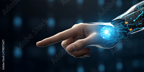 Smart intelligence and human hands, Electric Elegance The Futuristic Glow of a Robot Hand, Human hand and robot finger touch sense of technology,  Generative AI