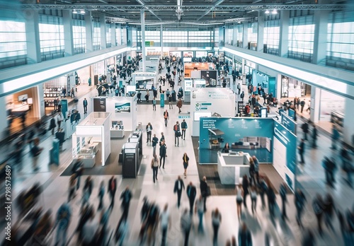 Wide Shot of International Trade Fair with Exhibition Stands and Blurred Foreground