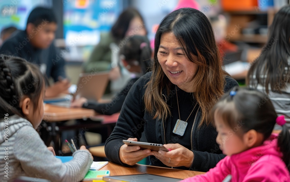 Multiethnic Female Teacher and Students Collaborate Using iPad for Classroom Learning Multiethnic Female Teacher and Students Collaborate Using iPad for Classroom Learning