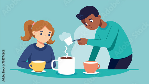 One person stirring sugar into their coffee as the other leans across the table pouring out their fears and vulnerabilities.. Vector illustration