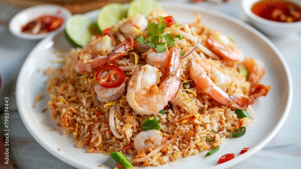 Seafood Tom Yum Fried Rice,Stir fried rice with shrimp and squid with chilli sauce on white plate Seafood Tom Yum Fried Rice,Stir fried rice with shrimp and squid with chilli sauce on white plate